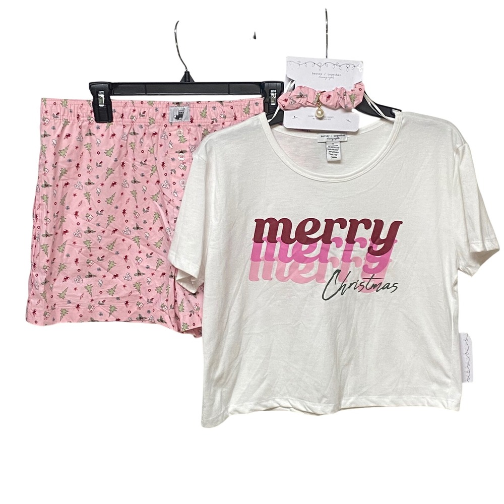 Better Together Christmas Pajama Set‎ Top Shorts Scrunchie Sleepwear Sm NWT